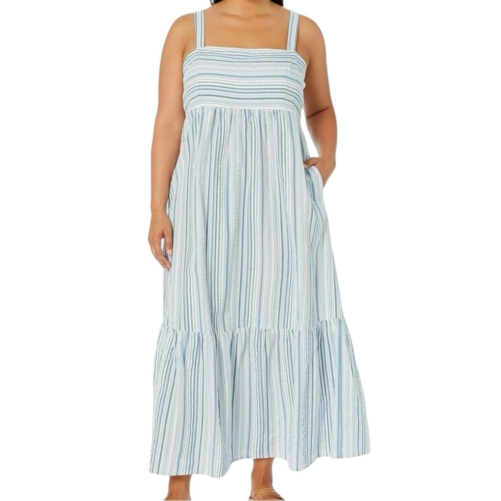 London Times 12P Blue White Striped Cotton Smocked Tiered Maxi Tank Dress NWT
